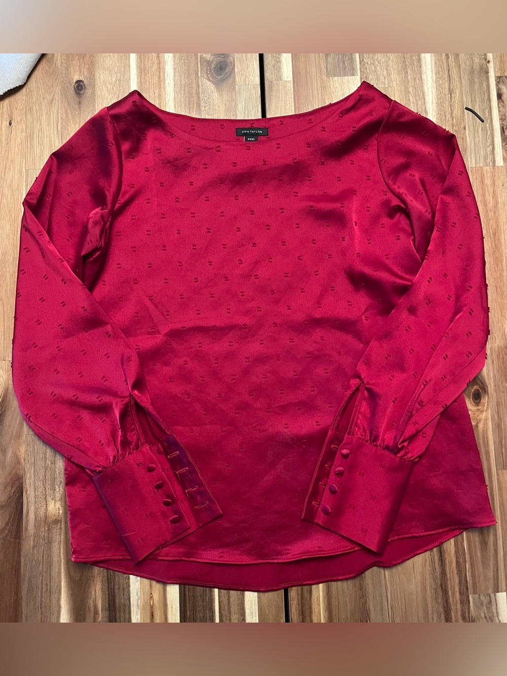 Ann Taylor Ruby Red Satin Long-Sleeve Blouse Textured Dot